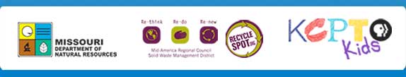 Missouri Department of Natural Resources logo, Mid-America Council Solid Waste Management District and Recyclespot.org logos, KCPT Kids logo